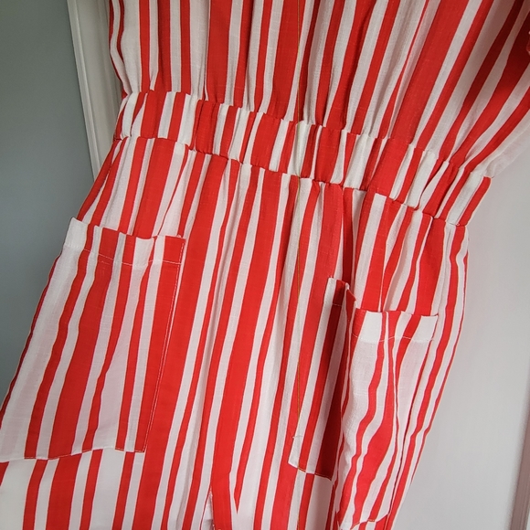 Linen cinched elastic waist linen apron pocketed dress - Picture 2 of 3